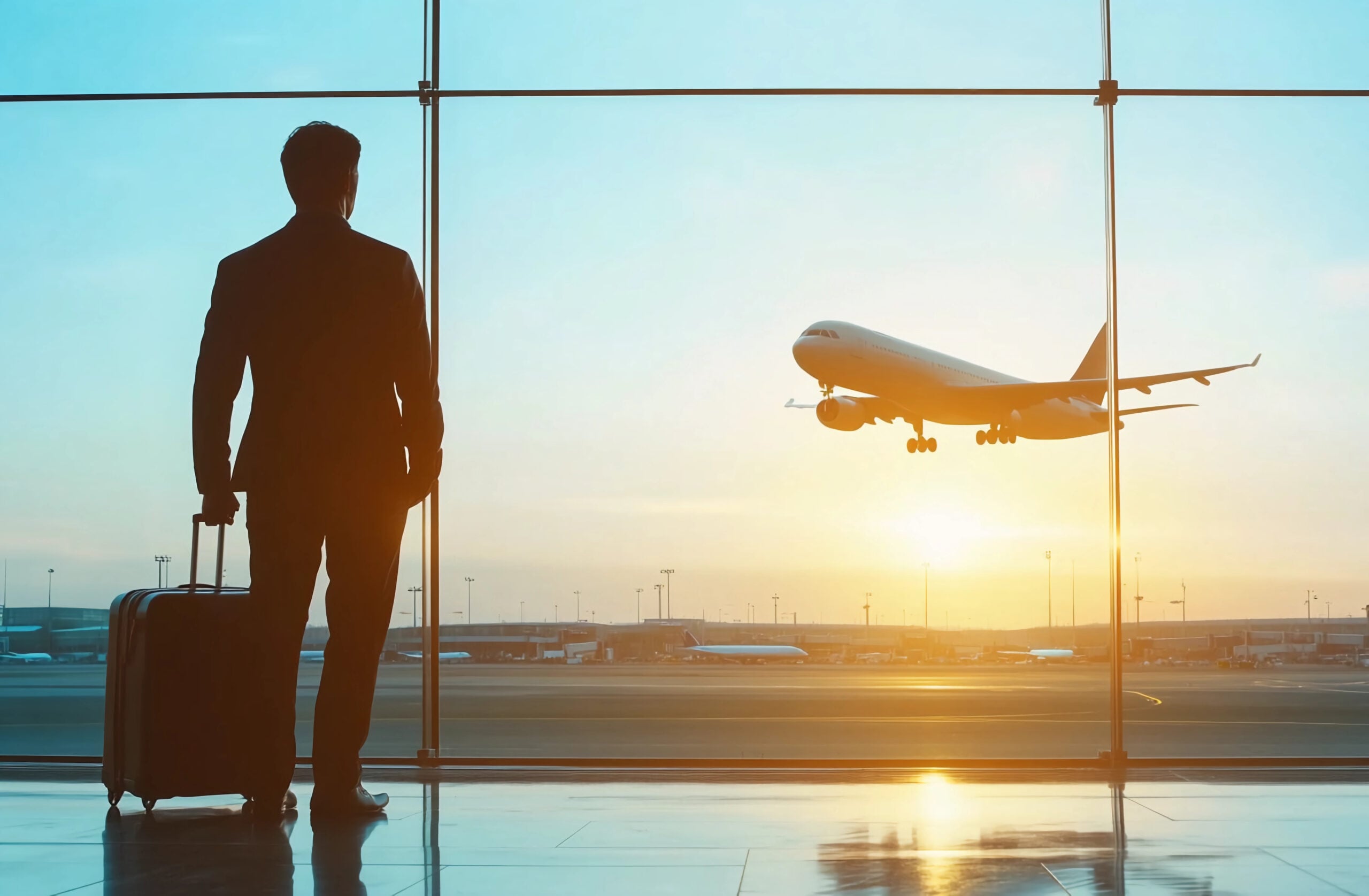 A person with a suitcase stands inside an airport terminal, watching an airplane take off against a sunrise sky, perhaps contemplating their journey with help from Chicago immigration attorneys.