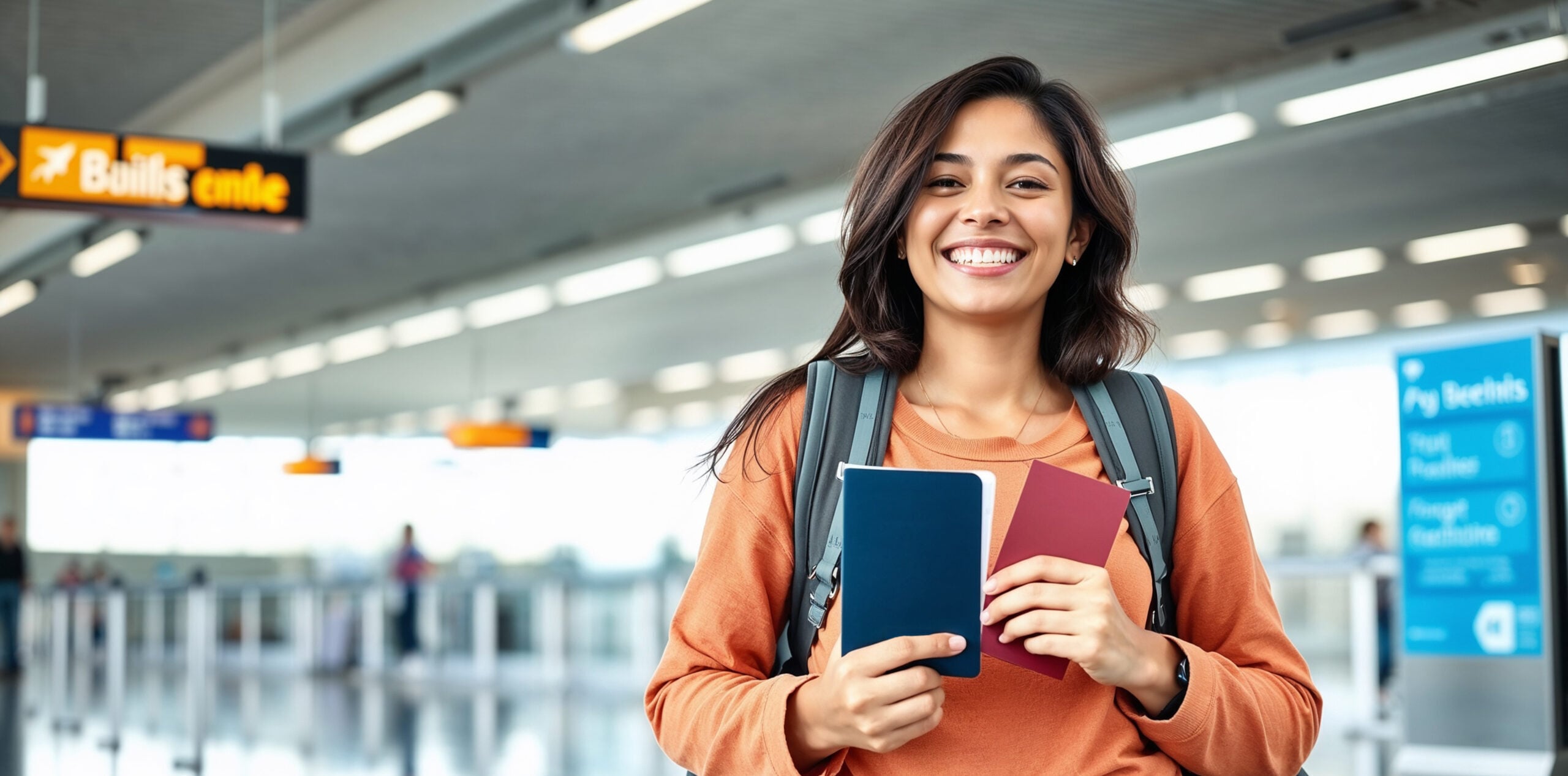 Smiling woman holding two passports stands in an airport terminal near check-in counters and boarding signs, ready for her journey—just like clients of Chicago immigration attorneys preparing for new opportunities.