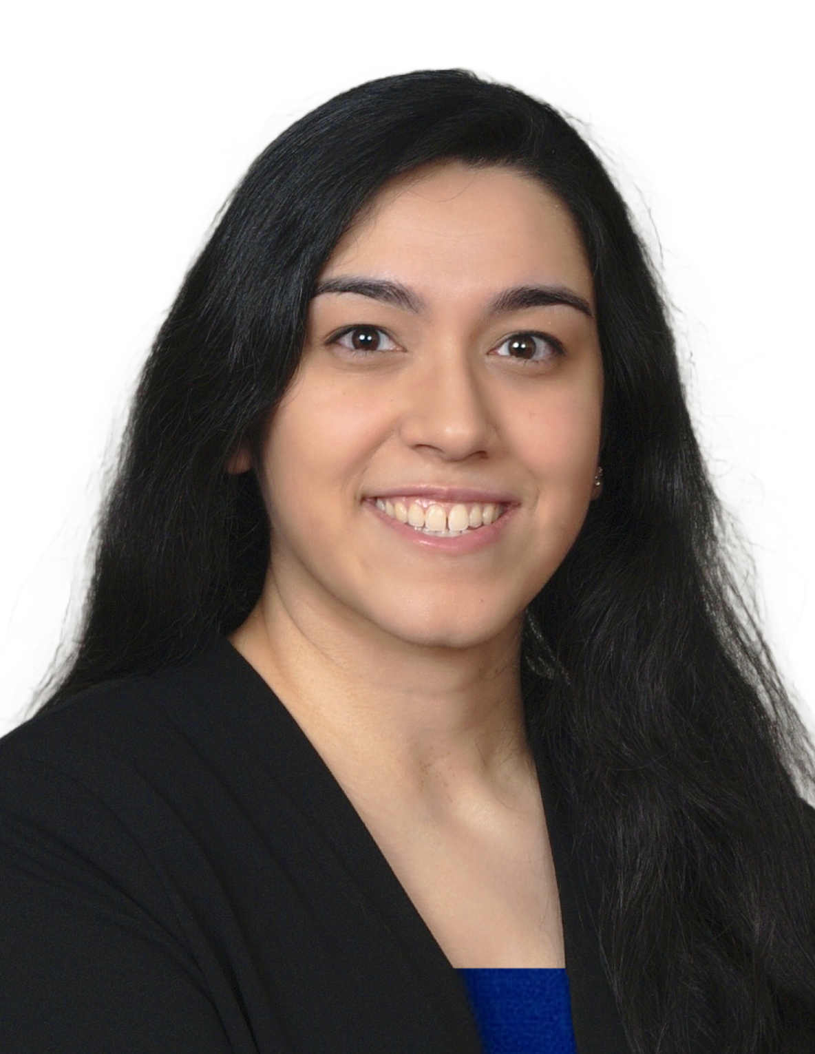 A woman with long dark hair, wearing a black blazer and blue top, smiles at the camera against a plain white background—presenting a professional image of a skilled Chicago employment immigration lawyer.